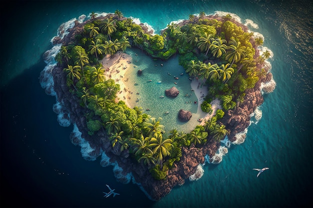 Ilha tropical em forma de coração no meio do oceano
