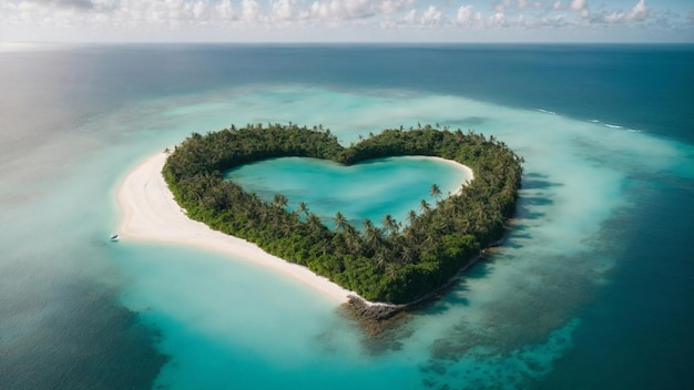 Ilha tropical em forma de coração um paraíso com incríveis palmeiras em uma praia de areia branca tiro de drone