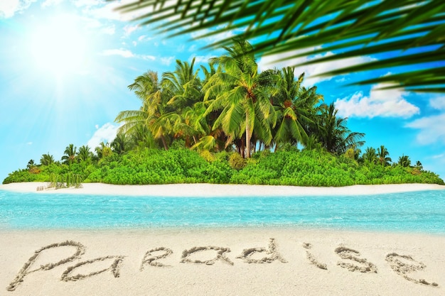Ilha tropical inteira dentro de um atol no oceano tropical. Ilha subtropical desabitada e selvagem com palmeiras. Inscrição "Paraíso" na areia em uma ilha tropical.