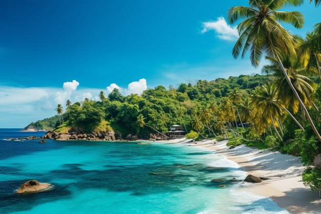 Ilha tropical remota com praias cercadas de palmeiras