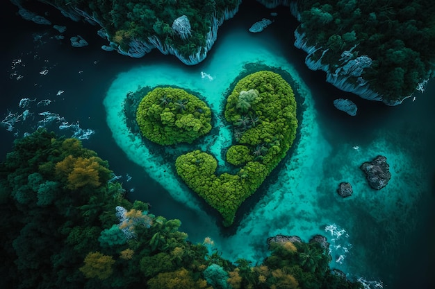 Ilha verde em forma de coração no meio do oceano generativa ai