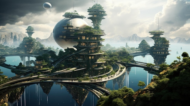 Ilhas flutuantes futuristas no céu com arquitetura que desafia a gravidade