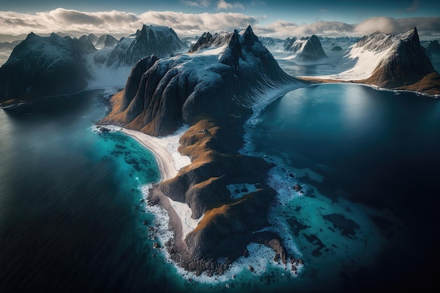 Ilhas Lofoten incrível paisagem de inverno de montanhas cobertas de neve e gelo vista aérea Azul claro e transparente Água Lofoten