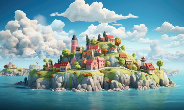 Foto illa de fantasía con montañas ilustración en 3d de una isla con un hermoso paisaje