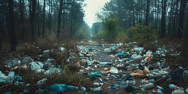Illegale Mülldeponierung in einem Wald, die eine schlechte Abfallwirtschaft und Umweltprobleme aufzeigt Konzept Illegale Mülleinschüttung Waldabfallbewirtschaftung Umweltprobleme