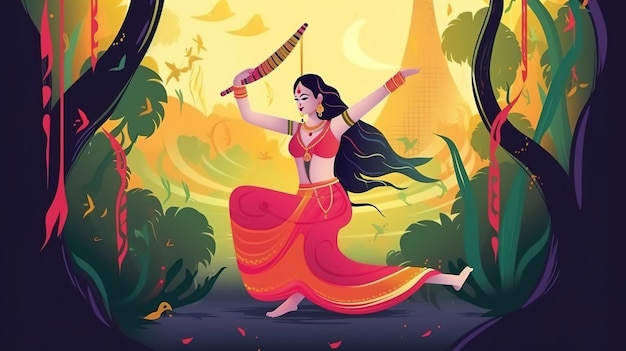 Illsuatrtion do festival indiano hariyali teej significa que a mulher teej verde aproveita o festival com swing nas monções na bela ilustração de pano de fundo da paisagem