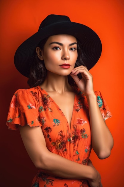 Illusio Mode und Porträt von Frau im Studio mit orangefarbenem Hintergrund für Stil oder Kleidung