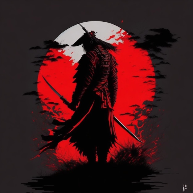 illustrasi serigala vibe jepang samurai gelap silhouette rot und schwarz