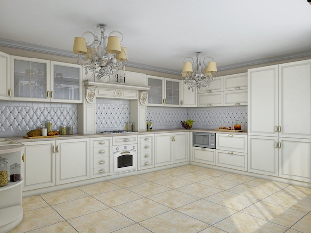 Illustration 3D der weißen Küche in der klassischen Art