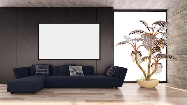 Illustration 3D-Rendering große, luxuriöse, moderne, helle Innenräume Wohnzimmer-Mockup-Computer digital