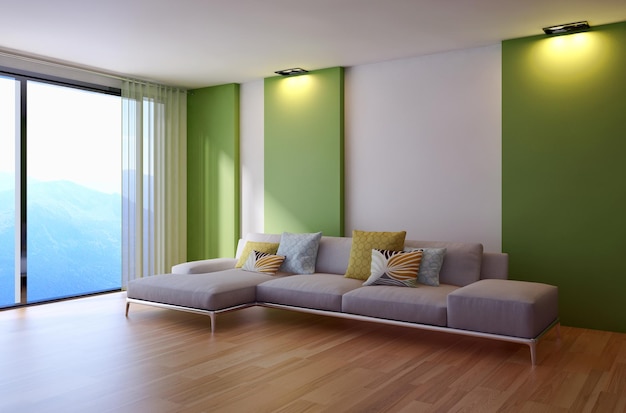 Illustration 3D-Rendering große, luxuriöse, moderne, helle Innenräume Wohnzimmer-Mockup-Computer digital