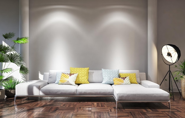 Illustration 3D-Rendering von großen luxuriösen modernen hellen Innenräumen Wohnzimmer-Mockup Computer digital generiertes Bild