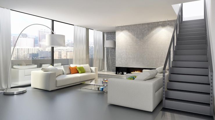 Foto illustration 3d-rendering von großen luxuriösen modernen hellen innenräumen wohnzimmer-mockup computer digital