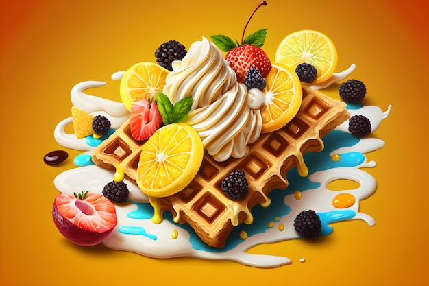 Illustration belgischer Waffeln mit Sahne und Erdbeeren auf rosa Hintergrund Generative AI 4