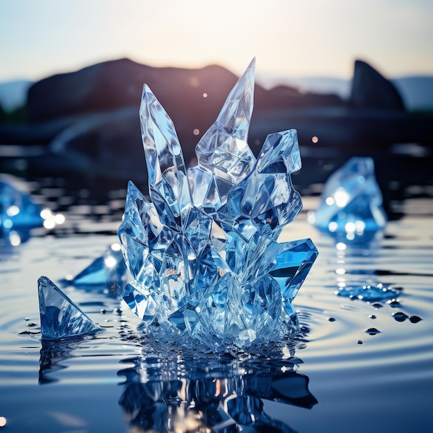 Illustration beruhigender, wunderschöner, glänzender Kristallfiguren auf dem Wasser