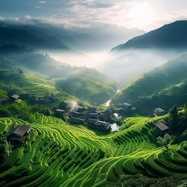 Illustration chinesischer Terrassenfelder, glitzerndes Wasser, nebliger Berg