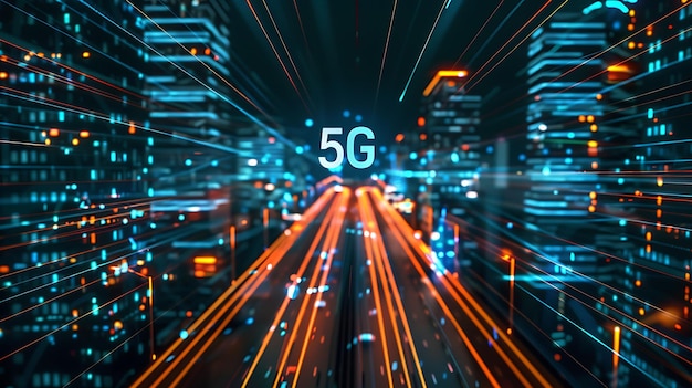 Foto illustration der 5g-technologie mit dynamischen lichtspuren, die hochgeschwindigkeitsverbindung und innovation bedeuten