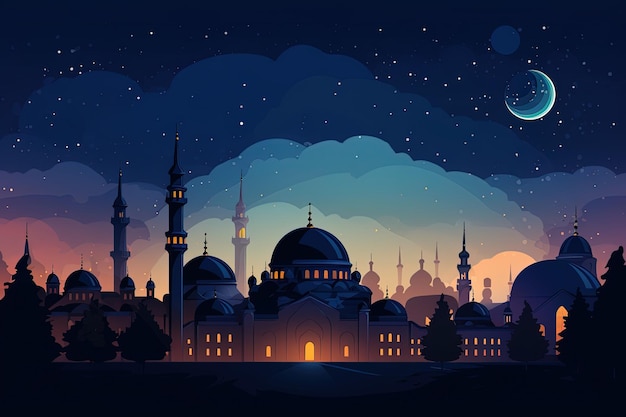 Illustration der Atmosphäre der Ramadan-Nächte mit einer Moschee unter einem sternenreichen Himmel und Mond