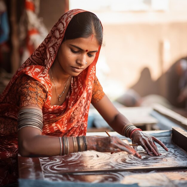 Illustration der Blockdruck-Mode in Indien Nahaufnahme von jungen Menschen