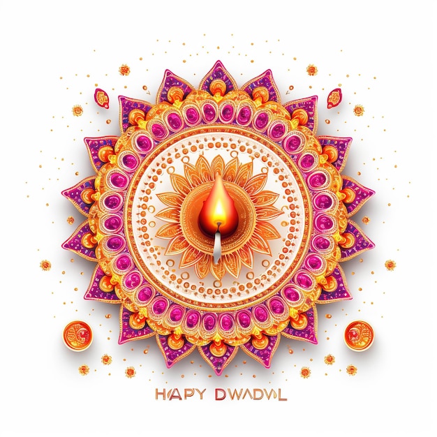 Foto illustration der diya-lampe des diwali-festes mit rangoli unten. ai generated