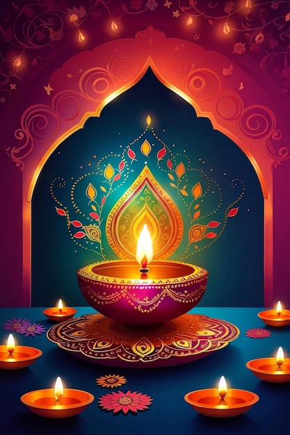 Illustration der Diya-Lampe des Diwali-Festes mit Rangoli unten