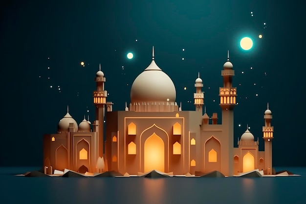 Illustration der Eid-Mubarak-Nacht mit dem Licht einer Lampe im Papierstil, luxuriöser, glücklicher Eid-Hintergrund, AI Generativ