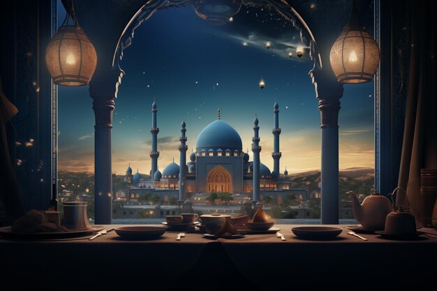 Illustration der erstaunlichen muslimischen Moschee in der Fantasy-Nacht Ramadan-Konzept