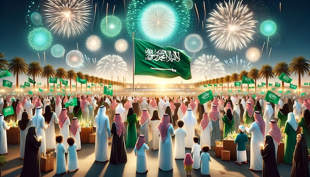 Illustration der Feier des Tages der saudi-arabischen Flagge mit Menschen auf der Straße und Feuerwerk