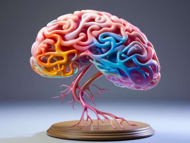 Illustration der Gehirnform mit in verschiedenen Farben hervorgehobenen Gyri, Geist und Emotionen im Gleichgewicht