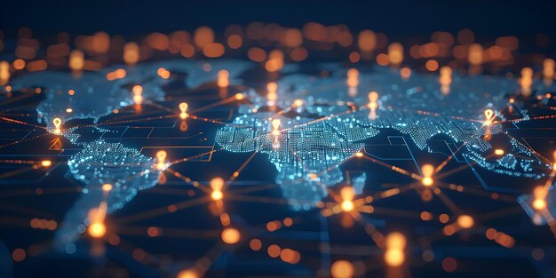 Illustration der globalen Netzwerkverbindung mit Weltkarte und Datenfreigabe-Symbolen Konzept Globale Netzwerkverbindung Weltkarte Illustration der Datenfreigange-Symbole Technologiekonzept