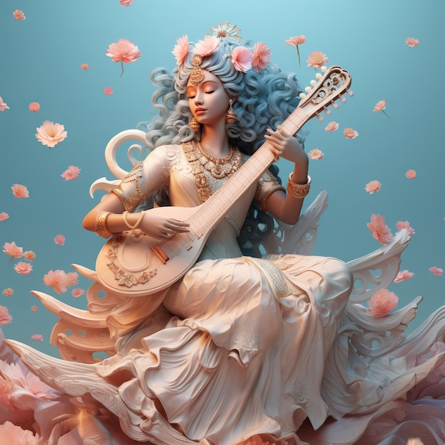 Illustration der Göttin Saraswati 3D-Mixer rendert weiche Farben Seite