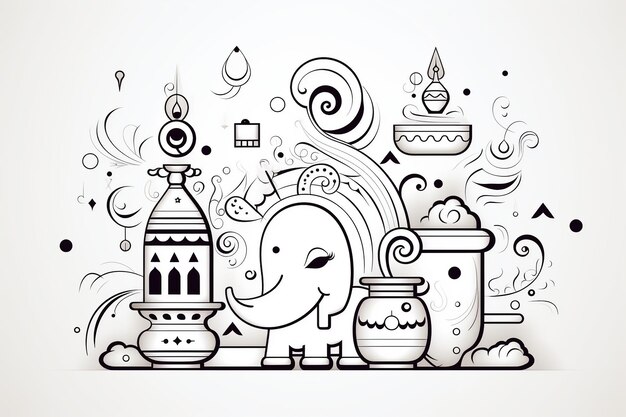 Foto illustration der happy diwali-doodle-zeichnung schwarz-weiße generative ki