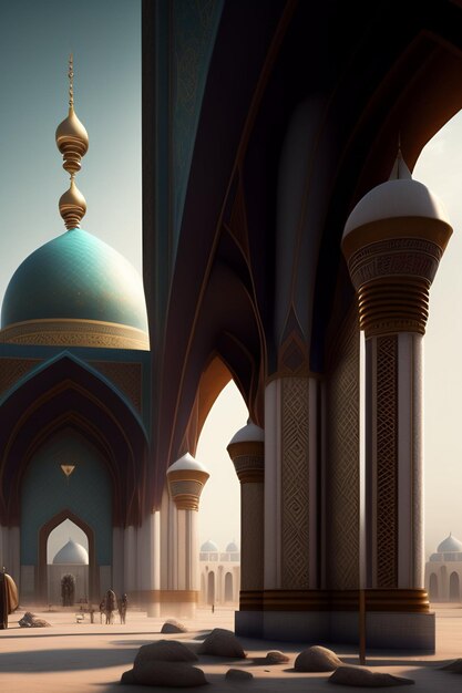 Illustration der islamischen Moschee Eid al Adha, arabische Laternen und islamischer Hintergrund, arabische Geschichte 3d