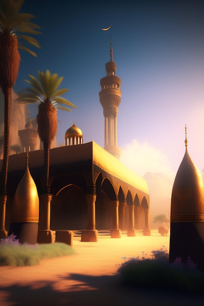 Illustration der islamischen Moschee Eid al Adha, arabische Laternen und islamischer Hintergrund, arabische Geschichte 3d