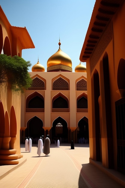 Illustration der islamischen Moschee Eid al Adha, arabische Laternen und islamischer Hintergrund, arabische Geschichte 3d