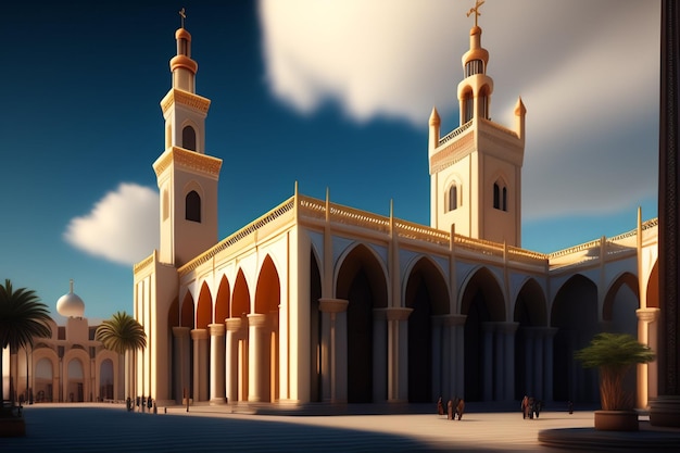 Illustration der islamischen Moschee Eid al Adha, arabische Laternen und islamischer Hintergrund, arabische Geschichte 3d