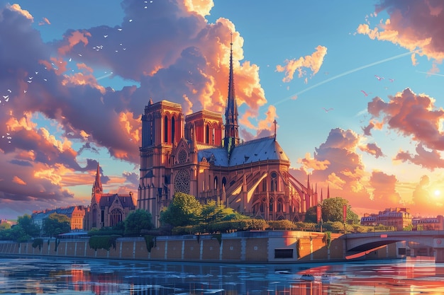 Illustration der Kathedrale Notre-Dame, die im Sonnenuntergang mit einem lebendigen Pariser Himmel leuchtet.