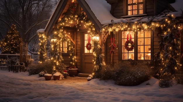 Illustration der KI-Generation. Holzhütte mit Weihnachtsbeleuchtung geschmückt