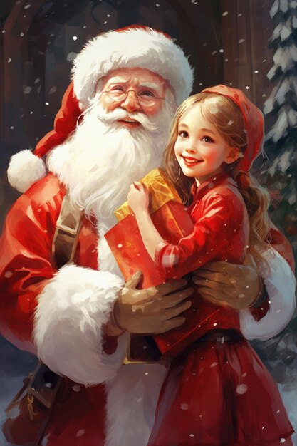 Illustration der lächelnden Schneemaiden und des lustigen Weihnachtsmanns