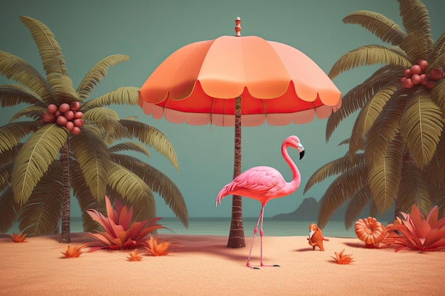 Illustration der Meereslandschaft mit exotischen Palmen, Flamingo-Sonnenschirm, Sommerkarte, generative KI