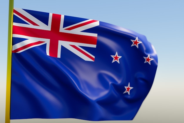 Illustration der Nationalflagge von Neuseeland auf einem Metallfahnenmast, der gegen den blauen Himmel flattert