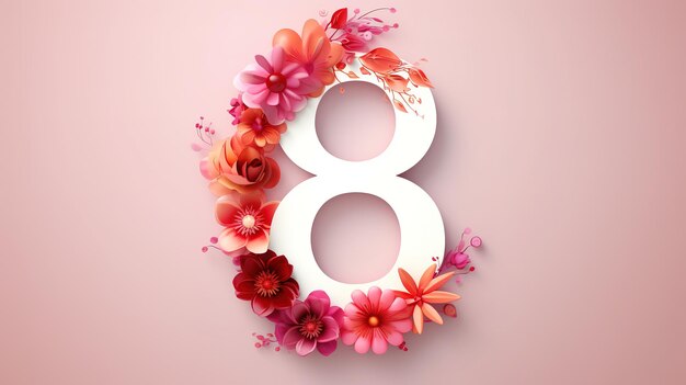 Illustration der Nummer 8 und Blumendekoration für den Hintergrund und das Banner für den 8. März Frauentag mit Kopierplatz