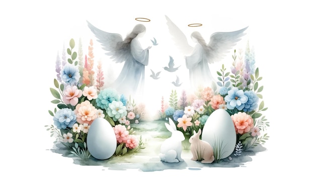 Illustration der Oster-Szene im Paradies mit Engeln Osterhase Ostereier in weichen Pastelltönen