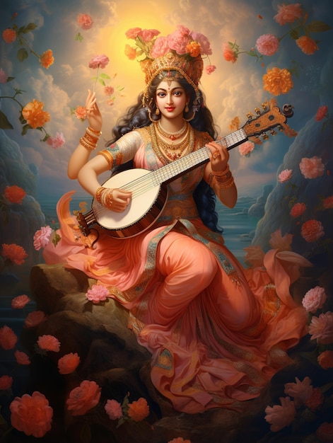 Foto illustration der saraswati-devi-göttin happy vasant panchami