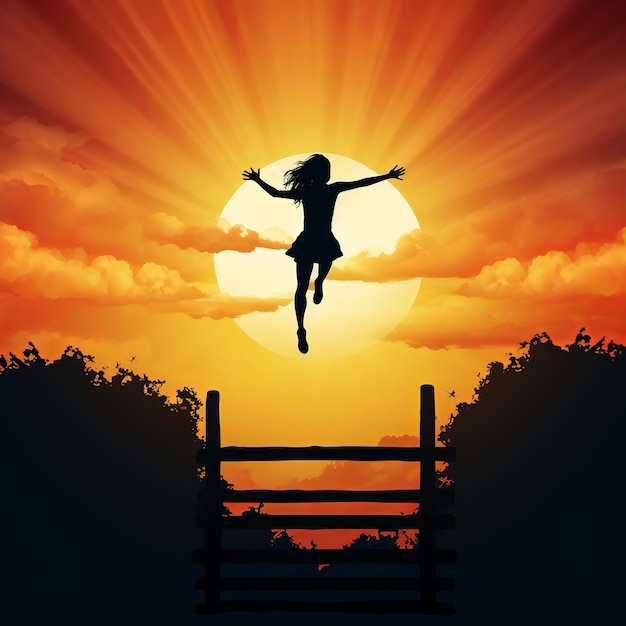 Illustration der Silhouette des Mädchens, das bei Sonnenuntergang über die Lücke springt