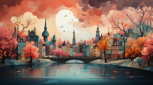 Illustration der Stadt Amsterdam im Stil von Tracie Grimwood und Suminagashi