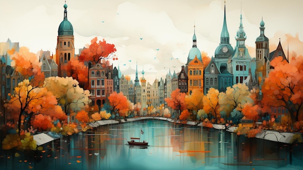 Illustration der Stadt Amsterdam im Stil von Tracie Grimwood und Suminagashi