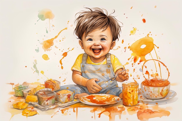 Illustration der Unordnung, die Babys beim Experimentieren mit Essen anrichten