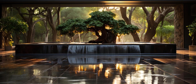 Illustration der Wassergartendekoration in einem modernen Haus, umgeben von üppigem Grün