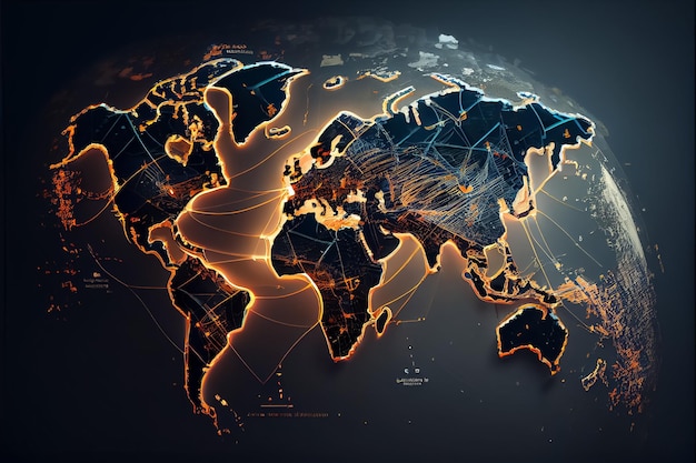 Illustration der Weltkarte Planet erth mit Glow Dot Lights AI